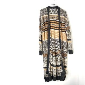 Marled Knit Open Front Long Maxi Cardigan Sweater Striped Boho Cozy Yellow Grey
